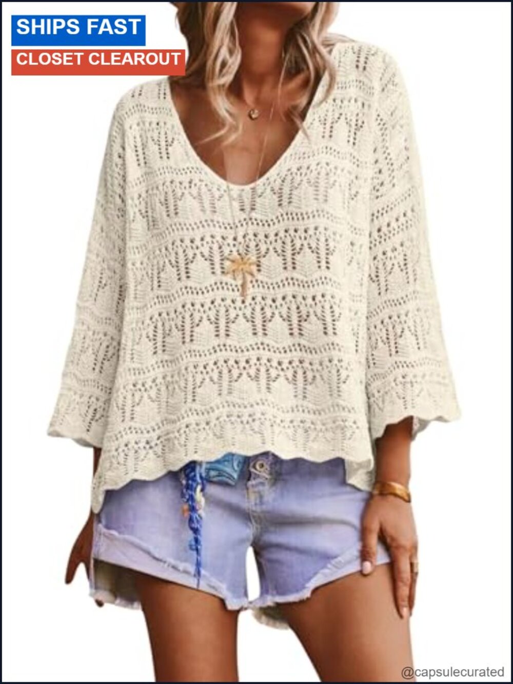 Crochet Sweater Pullover 3/4 Sleeve Boho Top Breathable Knit